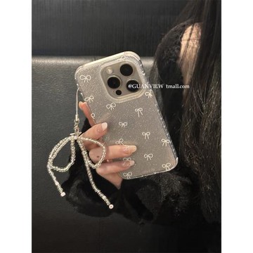 guanview ins氣質閃粉白色蝴蝶結掛件適用iPhone16promax蘋果14手機殼15透明硅膠12韓國小眾16防摔13保護套軟