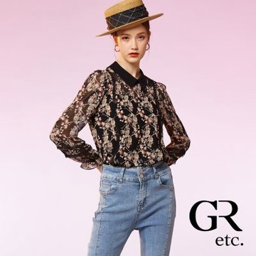 【GLORY21】網路獨賣款-etc.優雅印花蕾絲裝飾長袖上衣-黑色