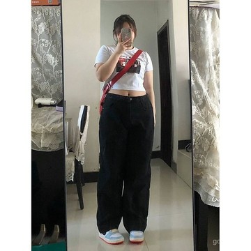 90公斤胖mm可穿 牛仔長褲女 秋冬季新款寬鬆遮胯顯瘦闊腿褲子 遮胯顯瘦 粗腿 高腰 直筒褲 寬鬆 黑色闊腿褲顯