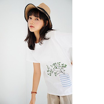 慢 生活 花瓶口袋造型棉上衣- 白/深藍