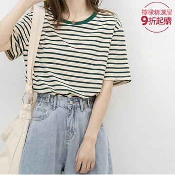 【純棉寬鬆】短袖T恤女 條紋T恤 夏季T恤 百搭T恤 體恤 上衣 綠色條紋 薄款透氣 2025新款 休閒日常穿搭