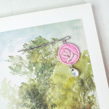 粉紅玫瑰 手刺繡垂墜一字夾 髮夾