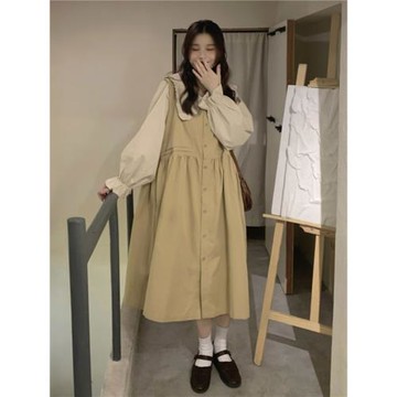 大碼女裝胖mm秋韓版寬松顯瘦復古法式娃娃領襯衫背心連衣裙兩件套