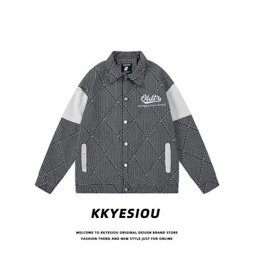 KKyesiou美式潮牌小香風千鳥格棒球服男女復古拼接學院風情侶外套