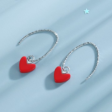 925純銀紅色愛心耳環女氣質韓國簡約耳釘ins少女桃心耳鉤心形耳飾