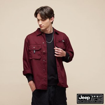 JEEP  男裝 經典口袋工裝長袖襯衫外套 -酒紅色