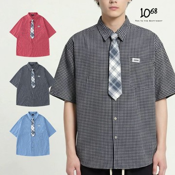 『1068』美式學院風 附領帶 格紋短袖襯衫 寬鬆 廓形 休閒襯衣 UNISEX【A91697】