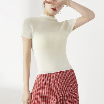 ??三宅上衣女夏新款時尚高端修身顯瘦氣質半高領純色褶皺短袖t恤女