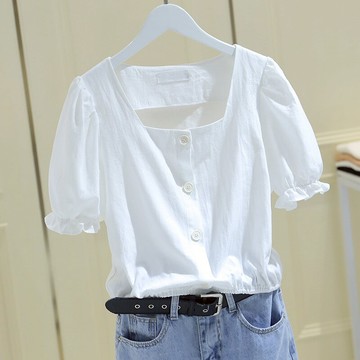 品牌折扣店商場專柜撤柜女裝尾貨清倉夏裝法式露鎖骨泡泡袖襯衫女