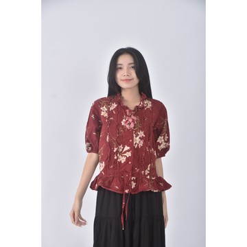 (S) 質感花紋紅色短袖上衣二手衣