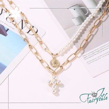【伊飾童話】珍珠十字架＊華麗金繽粗鍊雙層項鍊