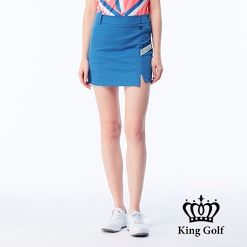 【KING GOLF】網路獨賣款-女款織帶拼接皇冠刺繡彈性修身A LINE短裙/高爾夫球裙-藍色