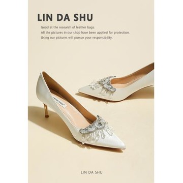 【林大叔】法式綢緞高跟鞋女2025新款尖頭細跟水晶鉆主婚鞋米白色
