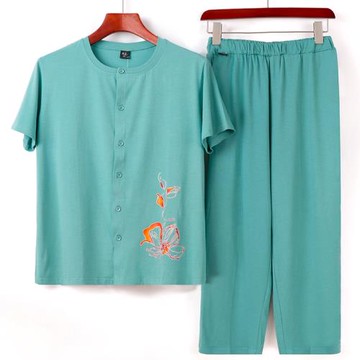 (免運)夏薄款家居服套裝舒適睡衣中老年女加大碼莫代爾棉開衫媽媽九分褲