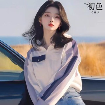 初色 休閒風拚色寬鬆POLO領長袖衛衣T恤上衣女上衣-紫色-15856(M-2XL可選)
