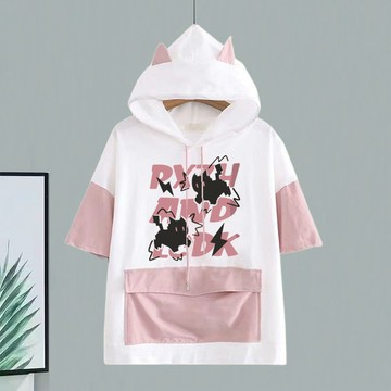 夏季新款日系森女軟妹可愛印花連帽短袖衛衣女寬鬆學生上衣T恤衫