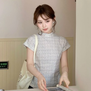煙藍色 碎影國風上衣 新中式民國風抽繩收腰顯瘦上衣