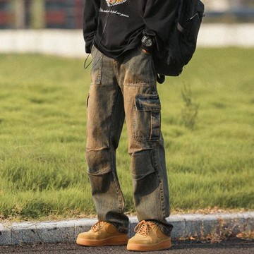 日系cityboy工裝牛仔褲男春秋痞帥潮牌水洗做舊高街復古直筒褲子