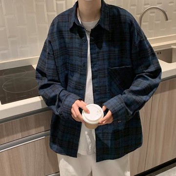 2024春秋格子襯衫男長袖港風寬松ins韓版潮休閑百搭帥氣潮流外套