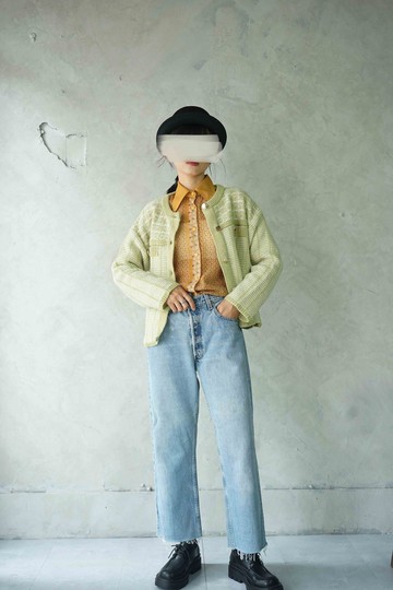 尋寶古著-嫩芽綠色緹花親膚針織外套