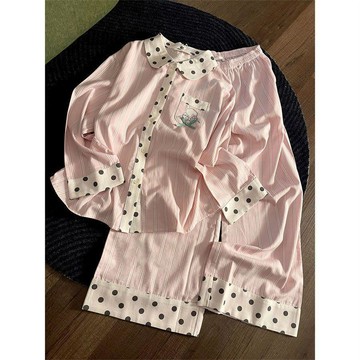 Xuan♥睡衣女韓版撞色波點條紋春秋季長袖長褲甜美少女家居服套裝可外穿
