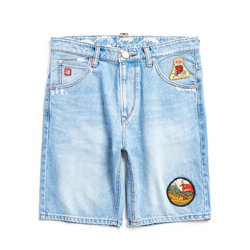 江戶勝｜男裝｜洗淺徽章圖騰丹寧短褲