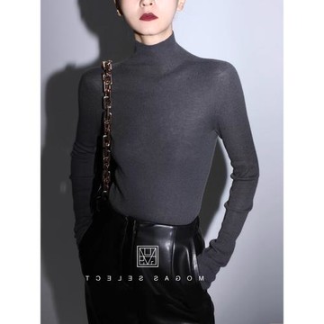灰色半高領針織打底衫女秋冬法式高級感內搭修身中領毛衣洋氣上衣