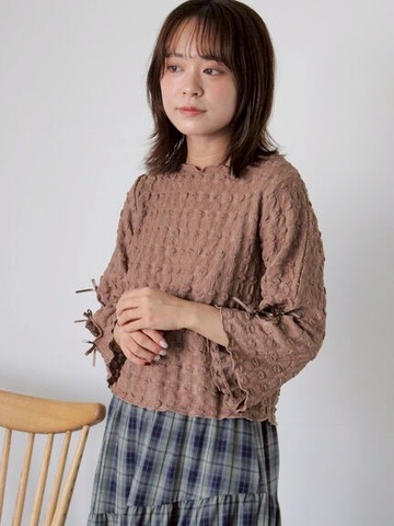 可愛泡泡紋理袖挖洞蝴蝶結捲邊上衣(0F001170710) - ehka sopo