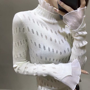 歐洲站純色破洞鏤空立領針織衫女超仙美魚尾領口毛衣1入