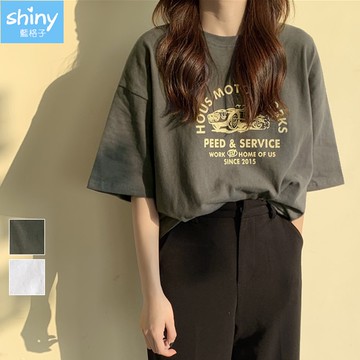 【V3583】shiny藍格子-夏日風情．英文字母印花短袖上衣