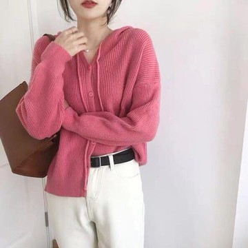 針織衫 毛衣 外套 上衣   新款連帽針織開衫寬鬆純色慵懶風外搭針織衛衣開衫1F063.8044.胖胖美依