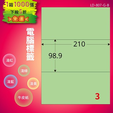 《勁媽媽商城》龍德 電腦標籤紙 3格 LD-807-G-B  淺綠 1000張  影印 雷射 噴墨 貼紙