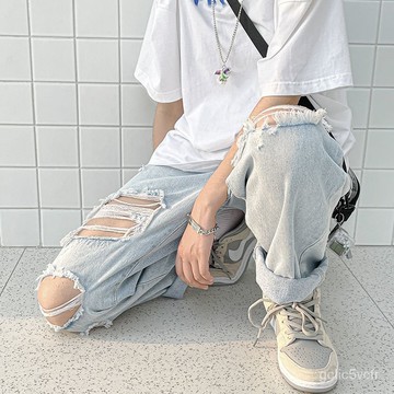 褲子男 夏天褲子 寬鬆長褲 破洞褲 牛仔褲男 薄款牛仔褲 乞丐褲 九分褲 男褲 長褲男 破褲 韓版牛仔褲 大尺碼褲子男