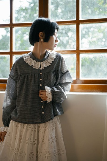 黑白格紋 日系森女格子襯衫 春款寬鬆長袖襯衣上衣