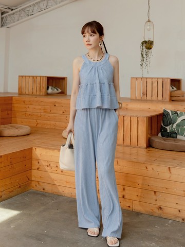 氣質壓紋削肩背心長褲套裝