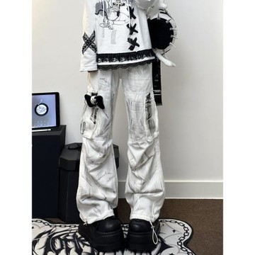 大碼亞文化y2k美式白色工裝牛仔褲女秋冬季高腰顯瘦闊腿褲子胖mm