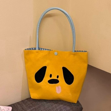 風度嚴選❤️ 元氣黃吐舌小狗刺繡帆布包 清新藍肩帶手提少女心通勤小包包 大容量單肩包 手提包 ins風