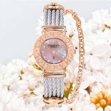 CHARRIOL 夏利豪 St-Tropez 粉紅珍珠母貝 玫瑰金石英錶-24.5mm 028CCP.540.462