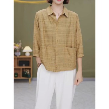 三桔秋季翻領七分袖襯衫女士黃色格紋襯衣薄外套大碼女裝上衣dm