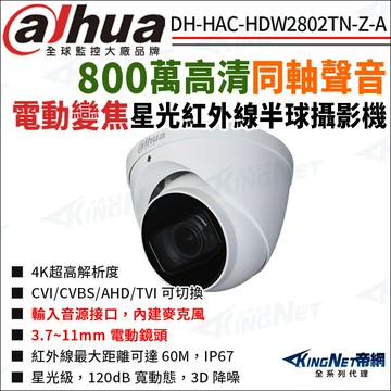 帝網大華 dh-hac-hdw2802tn-z-a 800萬 同軸聲音 電動變焦 半球攝影機