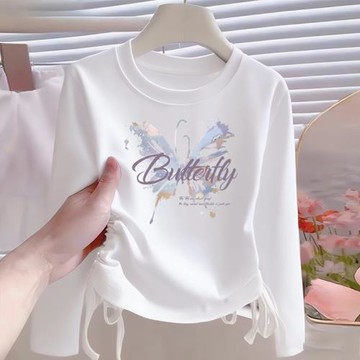 純棉女童長袖T恤秋裝抽繩上衣服2025新款洋氣時髦內搭打底衫春秋