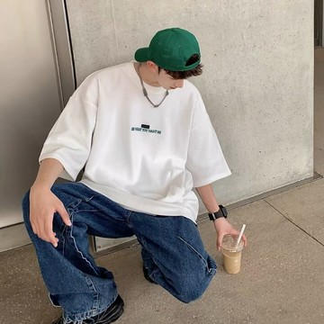 夏季短袖 韓系簡約字母印花短袖  oversize落肩五分袖T恤 寬鬆休閒短袖 男生短袖