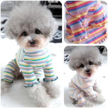 博美小型犬寵物比熊泰迪狗狗衣服春秋裝薄款條紋四腳衣家居服睡衣