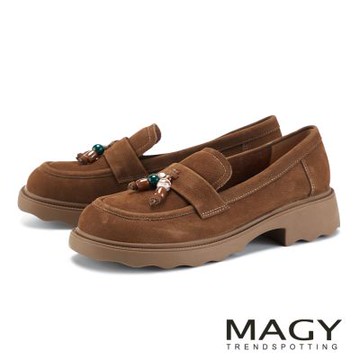 MAGY 牛磨砂民族風珠飾厚底樂福鞋 棕色