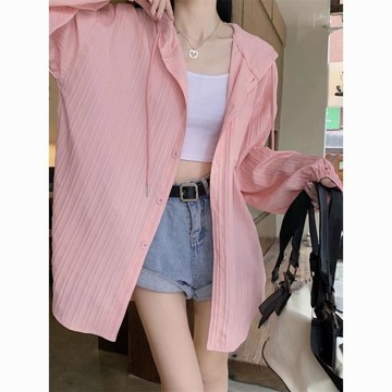 台灣出貨 白色連帽薄款防曬衣外套女夏季新款中長款遮肉顯瘦開衫上衣潮 大尺碼襯衫 襯衣 薄款外套 襯衫外套 防曬衫