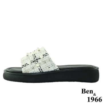 Ben&1966高級頭層羊皮流行格紋布厚底拖鞋-米白(216492)