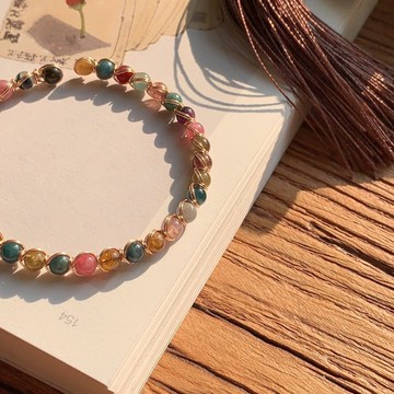 原創手工天然碧璽彩色石頭手鐲手串開運手鏈生日祝福禮物