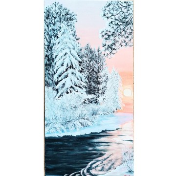 冬季風景粉紅日落雪林畫布繪畫作者 RinaArtSK