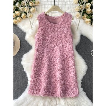 名媛高端立體玫瑰圓領無袖背心連衣裙女夏季絕美超仙減齡顯瘦短裙