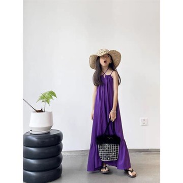 豆丁2023兒童韓版度假風黑色棉麻吊帶裙背心裙紫色連衣裙洋氣夏季